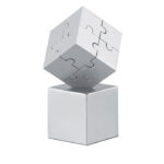 Magnetisches 3D-Puzzle aus Metall als Schreibtisch-Werbeartikel mit Logo