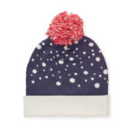 Weihnachtliche Strickmütze Blau, Seitenansicht