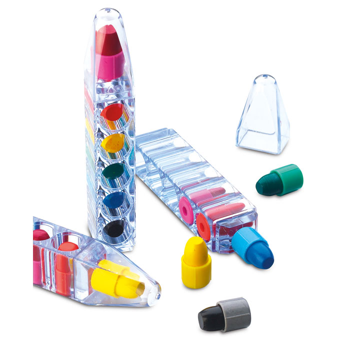 it1329-22 6 Wachsmalstifte in durchsichtiger Box als Kinder-Werbeartikel mit Logoetikett