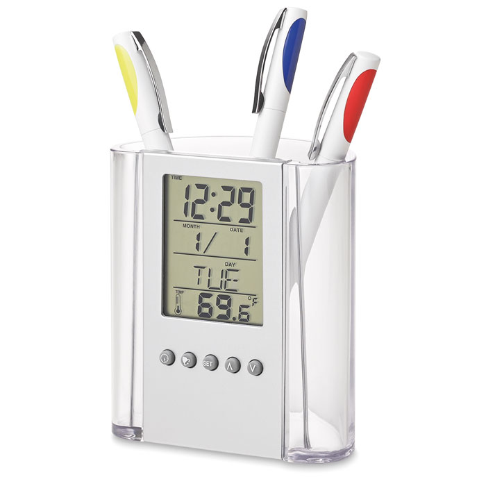 it2893-22 Stifteköcher mit abnehmbarer Digitaluhr als Werbeartikel mit Logo