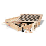 Spielesammlung in einer Holzbox mit Mikado, Domino, Schach und Dame als Werbeartikel