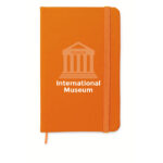 DIN A6 Notizbuch, liniert Orange mit markiertem Druckbereich für Ihr Logo