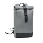 Reflektierender Rolltop-Rucksack aus silberfarbenem Polyester als Werbeartikel