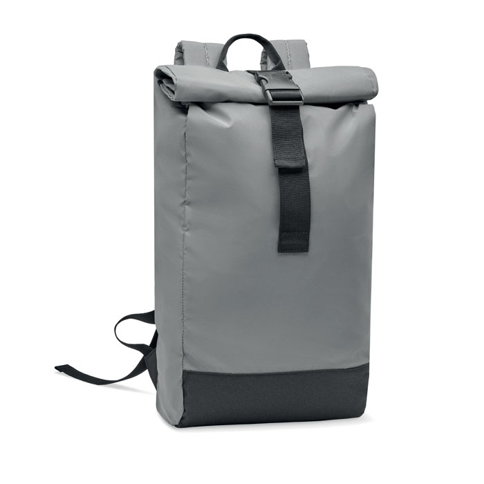 mo2056-16 Reflektierender Rolltop-Rucksack aus silberfarbenem Polyester als Werbeartikel