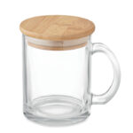 Kaffeebecher aus recyceltem Glas mit Bambusdeckel als Werbeartikel mit Logo