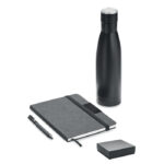 Geschenk-Set aus Notizbuch, Kugelschreiber und Isolierflasche als Werbeartikel mit Logo