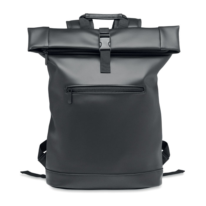 15" Rolltop-Rucksack PU Schwarz als Werbeartikel mit Logodruck