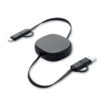 Einziehbares Ladekabel 60W Schwarz als Werbeartikel mit Logodruck