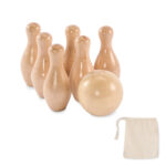 Mini-Bowling-Set aus Kiefernholz mit Kegeln und Kugel im Baumwollbeutel als Werbeartikel