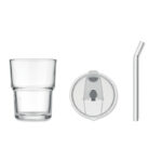 Glasbecher mit Trinkhalm 400ml, geöffnet dargestellt