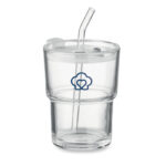Glasbecher mit Trinkhalm 400ml mit markiertem Druckbereich für Ihr Logo
