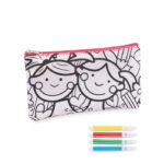 Schlampermäppchen aus Polyester mit Filzstiften zum Bemalen als Kinder-Werbeartikel