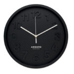 Wanduhr aus PP Schwarz mit markiertem Druckbereich für Ihr Logo