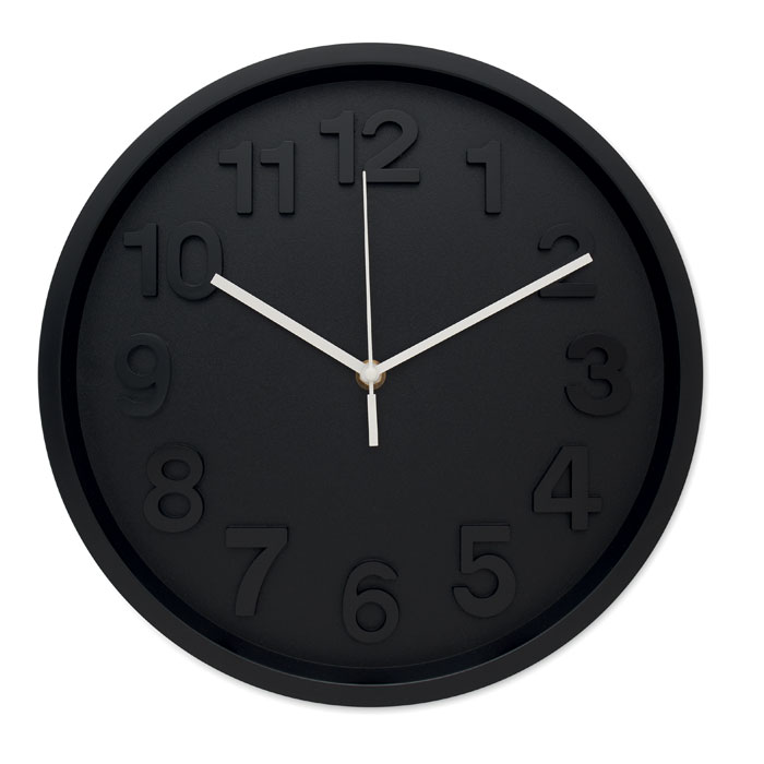 Wanduhr aus PP Schwarz als Werbeartikel mit Logodruck