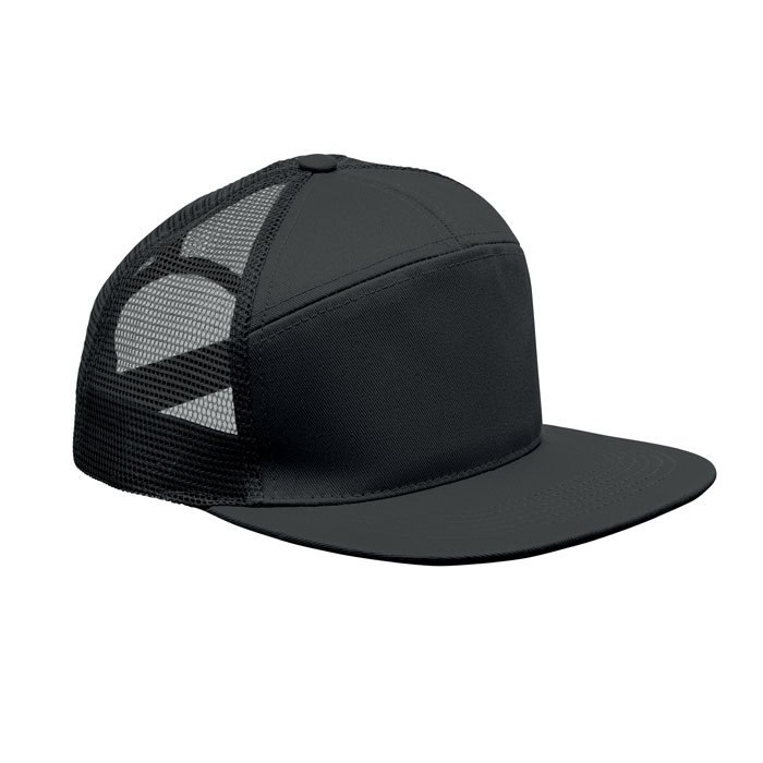 Flache 7-Panel-Kappe mit Mesh-Rückseite als Werbeartikel mit Logodruck