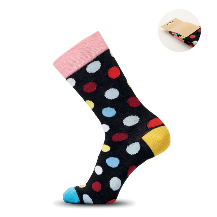 mo3100-03 Bunt gemusterte Socken in Größe M mit Kraftpapier-Banderole als Werbeartikel