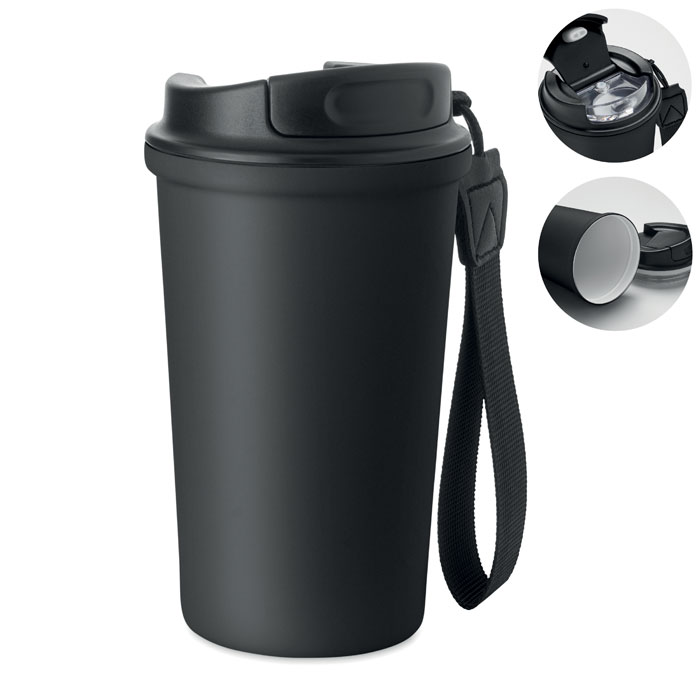 Becher recy. Edelstahl 400ml Schwarz Becher recy. Edelstahl 400ml Schwarz als Werbeartikel mit Logodruck