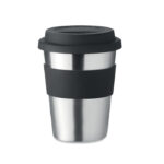 Trinkbecher Edelstahl 350ml Schwarz, geöffnet dargestellt