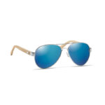 Sonnenbrille Bambus Blau, geöffnet dargestellt
