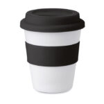 PP Becher mit Silikon-Deckel Schwarz als Werbeartikel mit Logodruck