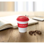 PP Becher mit Silikon-Deckel Rot mit markiertem Druckbereich für Ihr Logo