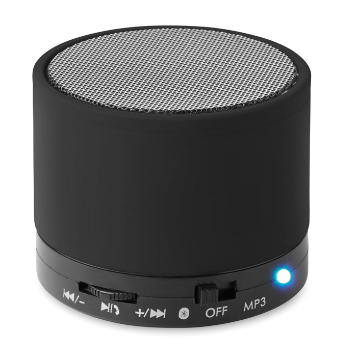 Wireless Lautsprecher, rund Schwarz als Werbeartikel mit Logodruck