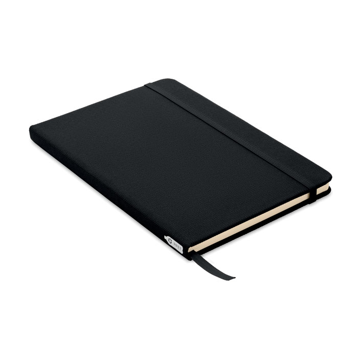 DIN A5 Notizbuch 600D RPET Schwarz als Werbeartikel mit Logodruck